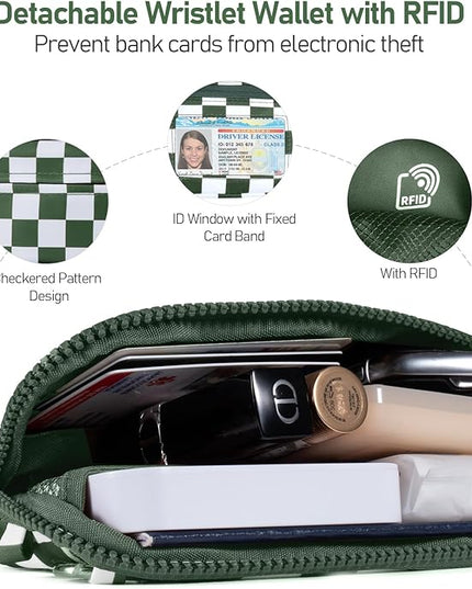 Clip and Go Strap for Phone with Wallet Crossbody Phone Lanyard and Detachable Checkered Bag with ID Window and RFID Pouch for Daily Travel.