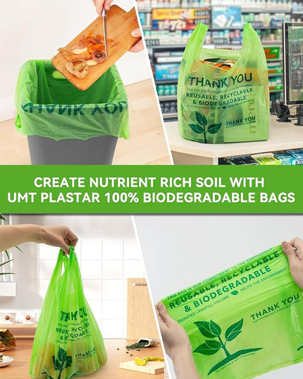 100 Count 100% Biodegradable Thank You Bags – Compostable, Recyclable, Eco-Friendly Grocery T-Shirt, 11.5" x 6.25" x 21", 16 Mic