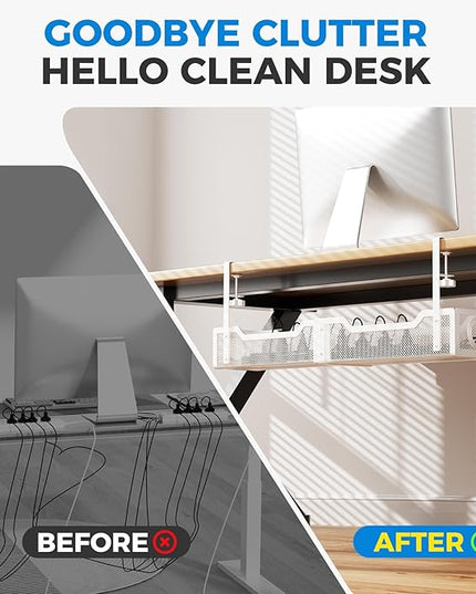 [Upgraded] Extra Large Under Desk Cable Management, Cinati 25" Wire Organizers No Drill, Cable Tray with Clamp for Wire Management, Cord Organization Box for Office, Home - No Damage to Desk(White)