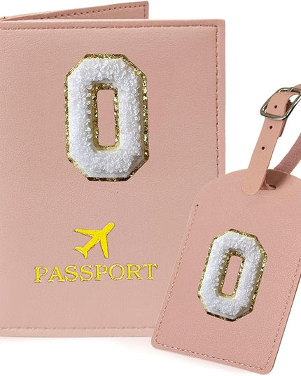 COSHAYSOO Passport Cover and Luggage Tag Set with Her Initial Chenille Letter Patch, Trendy Traveling Bag Backpack Suitcase Identifier Christmas Gifts for Women Girls Pink O