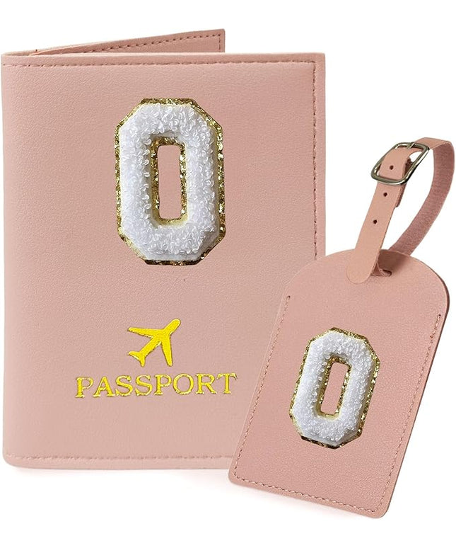 COSHAYSOO Passport Cover and Luggage Tag Set with Her Initial Chenille Letter Patch, Trendy Traveling Bag Backpack Suitcase Identifier Christmas Gifts for Women Girls Pink O
