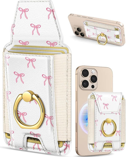 Shorogyt Compatible with Magsafe Wallet with Ring Grip Magnetic Card Holder - Cute Phone Wallets with Stand for iPhone 17/16/15/14/13/12 Series for Women Girls Bow Design, Fit 7 Cards