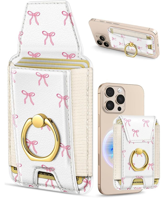 Shorogyt Compatible with Magsafe Wallet with Ring Grip Magnetic Card Holder - Cute Phone Wallets with Stand for iPhone 17/16/15/14/13/12 Series for Women Girls Bow Design, Fit 7 Cards