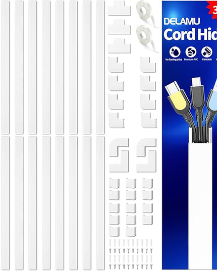 Delamu Cord Hider, 315in Wire Covers for 2-3 Cords on Wall, Premium Cable Hider Cord Covers for Wires on Wall, Cable Management Wire Hiders for TV, Cable Raceway Kit, L15.7X W0.95x H0.55in, White