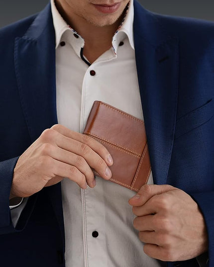 Swallowmall Mens Wallet Rfid Blocking Genuine Leather Bifold Wallets with 1 ID Window 15 Card Slots