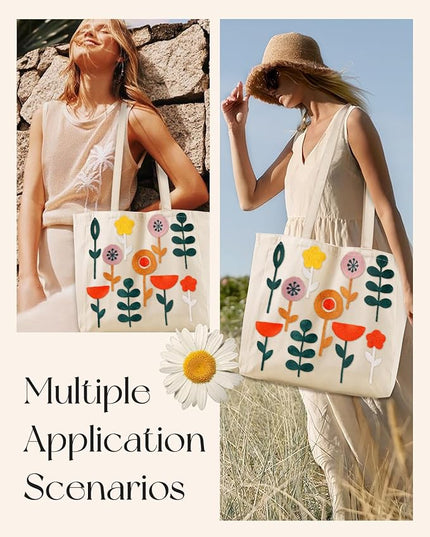Embroidery Canvas Tote Bag for Women - Reusable Totes with Pocket & Buckle Aesthetic Cute Grocery Shoulder Bag