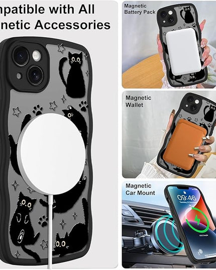 Cute Case for iPhone 14 Case [Compatible with MagSafe] with Kawaii Black Cats Cat Print Pattern Design for Women Girls, Soft Wavy Edge Anti-Slip Animal Magnetic Protective Phone Cover
