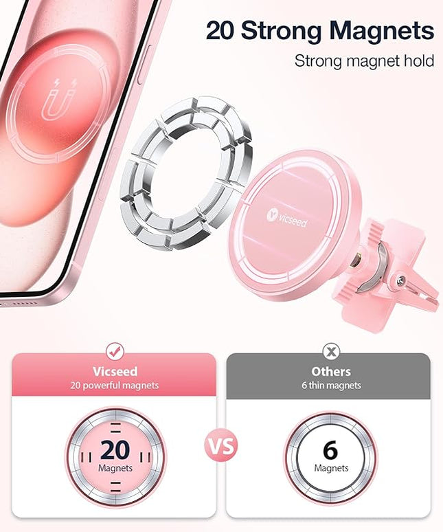 VICSEED for MagSafe Car Mount [Upgraded Strongest Magnet Power] Magnetic Phone Holder for Car Vent 360 Adjustable Magnetic Car Phone Holder Mount for iPhone 15 14 13 12 Pro Max Plus Mini, Pink