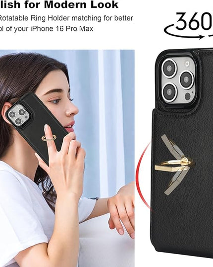 Folosu Compatible with iPhone 16 Pro Max Case Wallet with Card Holder, 360°Rotation Finger Ring Holder Kickstand, RFID Blocking Leather Protective Double Buttons Shockproof Cover 6.9 Inch Black