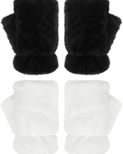 Geyoga 2 Pairs Winter Fingerless Faux Fur Gloves Women Warm Furry Convertible Fingerless Soft Smooth Gloves