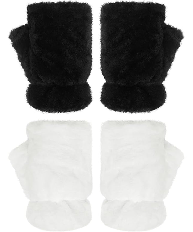 Geyoga 2 Pairs Winter Fingerless Faux Fur Gloves Women Warm Furry Convertible Fingerless Soft Smooth Gloves