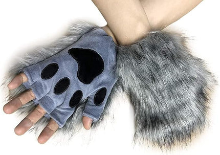 HAOAN Wolf Paw Gloves Faux Fur Cat Fingerless Mittens Winter Warm Cosplay Halloween Fancy Party Costume Accessories