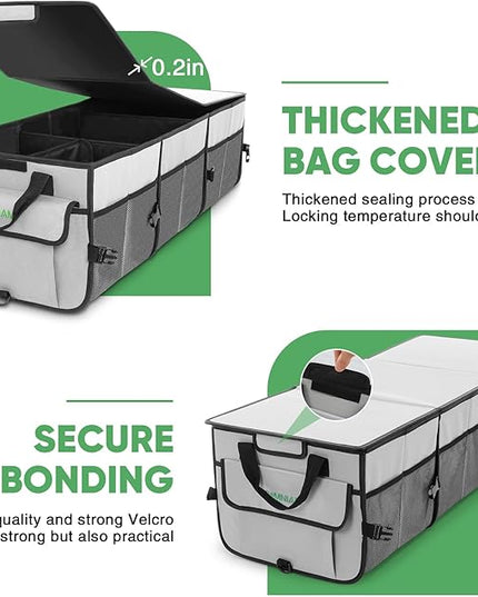 Simniam Car Trunk Organizer with Insulated Grocery Bag- 110L High Capacity Car Storage Box, with 4 Compartments, Reflective Strip, Cover, for Auto, SUV, Truck, Minivan
