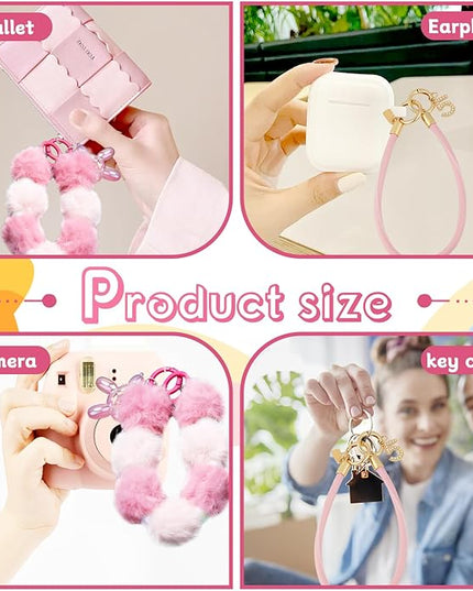 2 Pcs Phone Charm Wrist Strap with Tether Tab, Double Anti Lost Fluff Ball Beaded Wrist Lanyard, Detachable Leather Phone Charms for Bag, Key Chains, Camera Decor