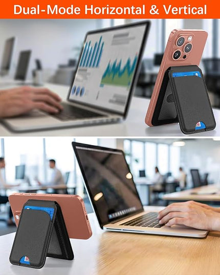 for Magsafe Wallet, Phone Cardholder with Adjustable Stand, Magnetic Card Holder with 3 Card Slots, Magnetic Wallet for iPhone 16/15/14/13/12 Series, Not for iPhone 13/12 Mini(Black, Leather)
