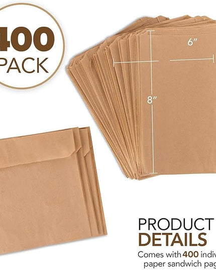 Kraft Brown Sandwich Bags (400 Pack) - Microwavable Unbleached Natural Kraft Paper Bags - Food Grade Grease Resistant Bags for Pastries, Cookies, Snacks - Biodegradable & Compostable - Stock Your Home