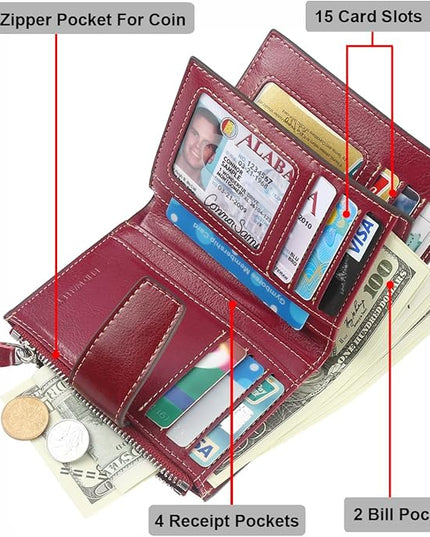 Lavemi Small Compact Women Wallet RFID Blocking Genuine Leather Bifold Purse with ID Windows