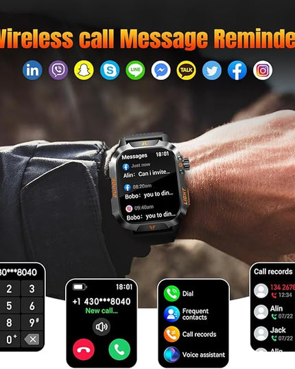 QTLLBT Military Smartwatch, Answer Make Calls LED Flashlight Barometer Compass 2.01HD IP68 Waterproof Outdoor Tactical Watch 100+ Sports Modes Sleep Heart Rate Available for Android iOS (Steel Band)