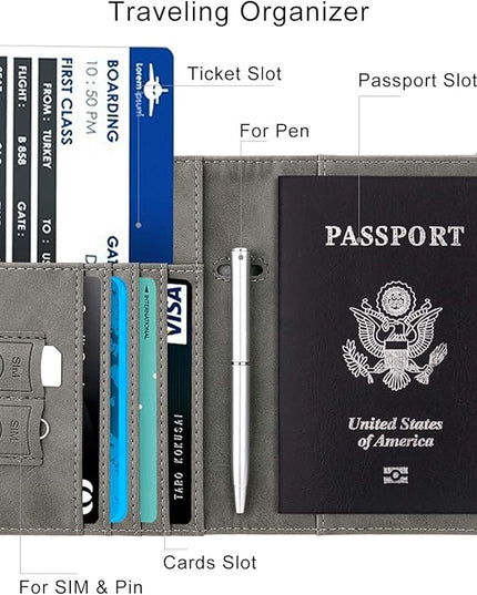 WALNEW Passport Holder for Travel, RFID Passport Cover Wallet for Women Men, PU Leather Passport Book Card Holder Case with Pen, Travelling Essentials for Flying