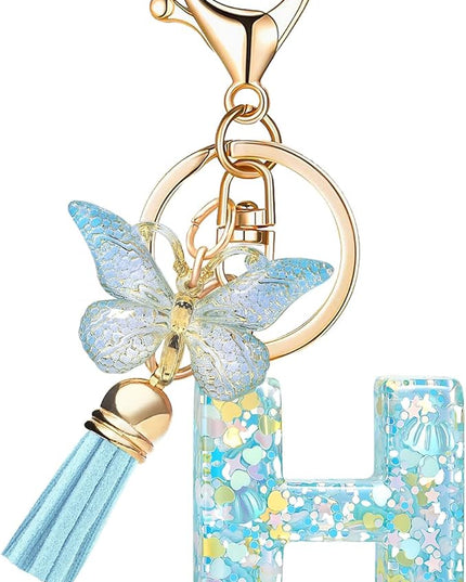 Fashion Alphabet Initial Letter Keychain Tassel Butterfly Pendant Key Ring for Purse Handbags Women Girl