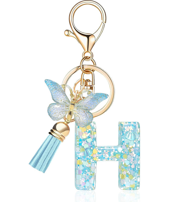 Fashion Alphabet Initial Letter Keychain Tassel Butterfly Pendant Key Ring for Purse Handbags Women Girl