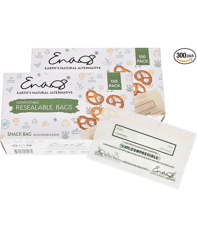 100% Compostable Food Storage Bags [Snack 300 Pack] Eco-Friendly Freezer Bags, Resealable Bags, Heavy-Duty, Reusable, Off-White by Earth's Natural Alternative