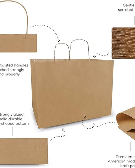 Qutuus Large Kraft Paper Bags - 16x6x12 Inch, 25 Pcs, Brown with Handles for Boutiques, Birthdays