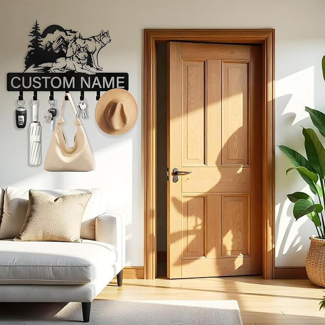 Kotagi Personalized Key Holder Wall Mounted, Custom Name Wolf Keys Hooks for Wall, Animal Theme Coat Hook Key Rack, Wall Hanging Decorative, Wall Mount Hanger Rack for Bedroom, Entryway, Kitchen