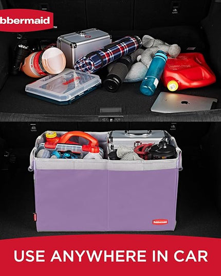 Rubbermaid Car Organizer, Collapsible Trunk Organizer, Multi-Compartment Car Storage Organization for Car Accessories, 2 Compartments With Cover, 21.65"*14.17"*12.2" - Purple