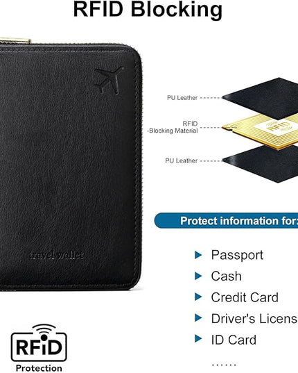 Passport Holder for Travel Women and Men RFID Passport Holder with Card Slots Holder Passport Case Passport cover Passport Wallet Travel Essentials and Accessories (Short Zipper, SZ-Black)