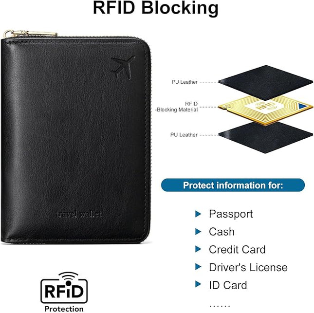 Passport Holder for Travel Women and Men RFID Passport Holder with Card Slots Holder Passport Case Passport cover Passport Wallet Travel Essentials and Accessories (Short Zipper, SZ-Black)