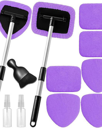 11pcs Windshield Cleaner Tool, Car Window Cleaning Wash Kit with 6 Reusable Microfiber Pads 2 Spray Bottles and Extendable Handles Auto Glass Wiper Kit, Purple