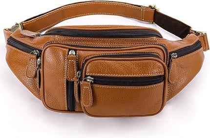 Genuine Leather Fanny Pack large capacity Crossbody Waist Bag with Zipper phone Pockets brown