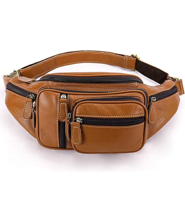 Genuine Leather Fanny Pack large capacity Crossbody Waist Bag with Zipper phone Pockets brown