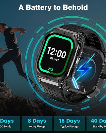AMAZTIM Smart Watch, 60 Days Extra-Long Battery, 50M Waterproof, Rugged Military Bluetooth Call(Answer/Dial Calls), 2.0" Ultra Large HD Display, AI Voice Assistant (Shiny Black)