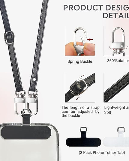 Crossbody Phone Strap with 2 Pads, Leather & Adjustable Finger Strap - Compatible with Most Smartphones (Black)