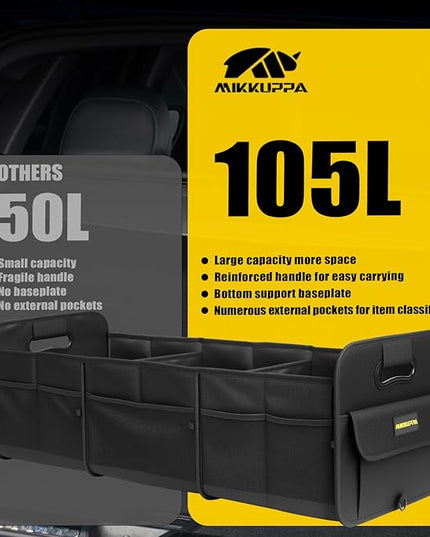 MIKKUPPA Car Trunk Organizer - 105L Collapsible Large Trunk Organizer for Groceries, Trunk Storage Organizers for SUV Auto Truck Van with Non Slip Bottom (Black)