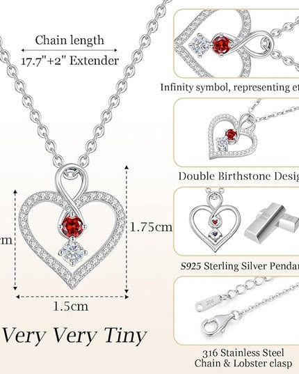 LOUISA SECRET Infinity Double Birthstone Necklace, 925 Sterling Silver Tiny Pendant Heart Necklace for Women Wife Her, Best Jewelry Gift Heart Jewelry Meaningful Gift for Valentine's Day, Christmas, Birthday Anniversary