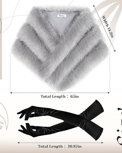 Zhanmai 2 Pcs Winter Long Shawl Cloak Stretchy Glove Opera Bridal Dance Gloves for Women Dress Party Coat