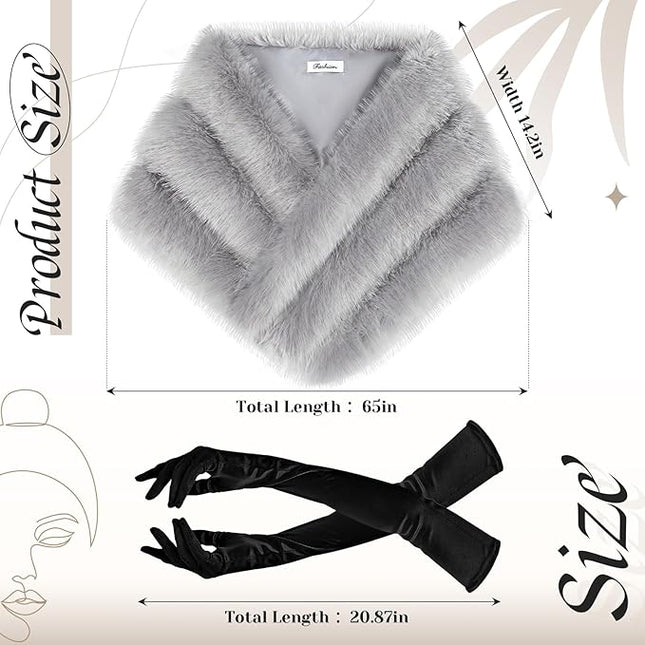 Zhanmai 2 Pcs Winter Long Shawl Cloak Stretchy Glove Opera Bridal Dance Gloves for Women Dress Party Coat