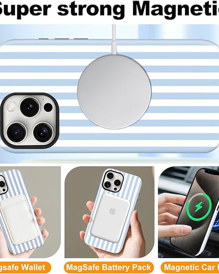 Magnetic for iPhone 16 Pro Case Cute Stripes Phone Case, Shockproof Slim TPU and Hard PC Protective Phone Cover Compatible with MagSafe Designed for Women Girls, Blue and White