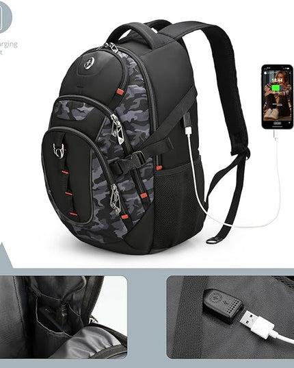 Swissdigital Design Laptop Backpack with USB Charging Port, Travel Backpack Fits 15.6 inches Computer, 31L College School Backpack for Men, Gray Camo | SD803-91