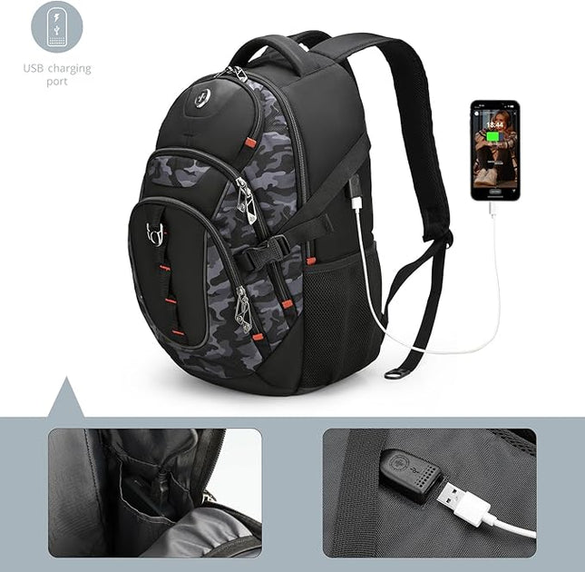 Swissdigital Design Laptop Backpack with USB Charging Port, Travel Backpack Fits 15.6 inches Computer, 31L College School Backpack for Men, Gray Camo | SD803-91