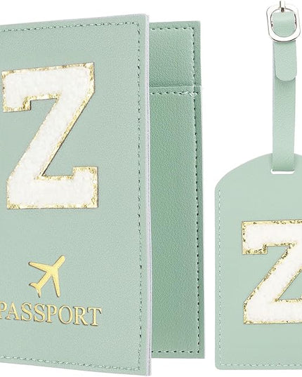 PATIKIL Passport Holder for Travel, Initial Passport Cover and Luggage Tag Set with Alphabet Chenille Letter Patch Travel Wallet Bag Suitcase Identifier for Women Family Travel Green Z