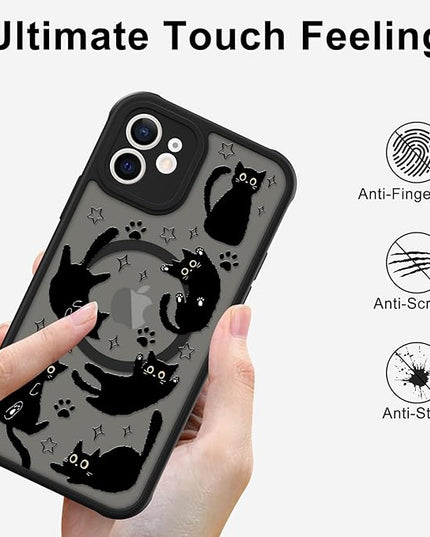 Cute Magnetic Case for iPhone 12 Case [ Compatible with MagSafe ] with Black Cat Cats Pattern Design for Women Girls Boys, Soft Bumper Hard Back Kawaii Animal Protective Phone Cover