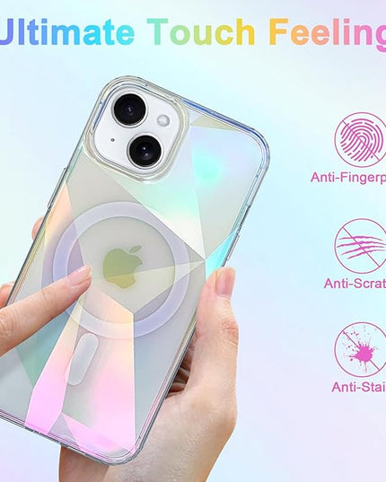 Cute Case for iPhone 15 Case for Women Girls [ Compatible with Magsafe ] Clear Glitter Girly Aesthetic Rainbow Sparkly Bling Magnetic Phone Cover, Iridescent Geometry