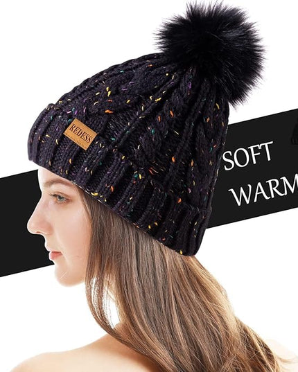 REDESS Women Winter Pompom Beanie Hat with Warm Fleece Lined, Thick Slouchy Snow Knit Skull Ski Cap