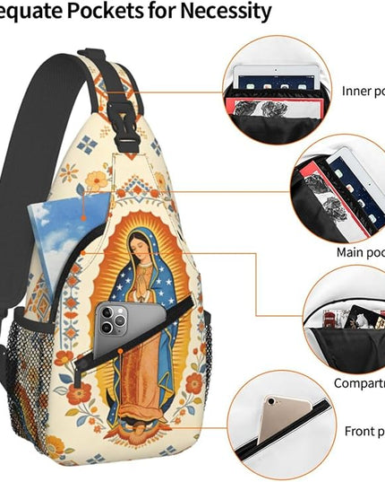 Our Lady of Guadalupe Sling Bag Crossbody Bags Clovers Chest Bag for Travel Hiking for Men Women Virgin Marys 3