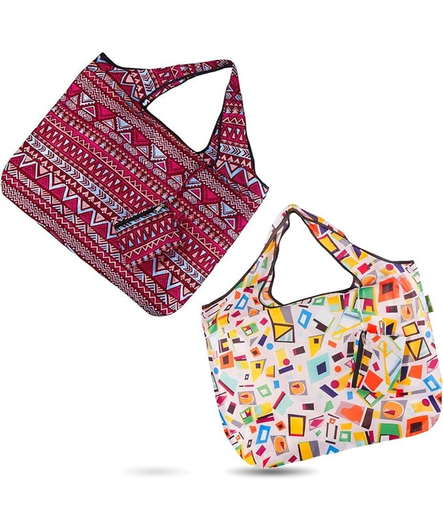 ECO CHIC Foldable Reusable Large Recycled Grocery Bags Lightweight Shopping Tote Bags with Storage Pouch - Collection of 4 bags