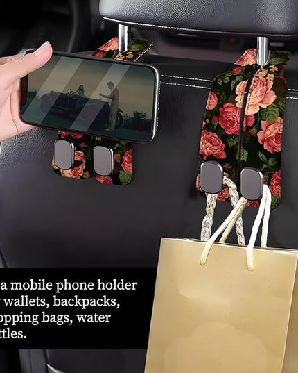 Car Seat Headrest Hook, Universal Leather Cute Hanger Holder Hook, Storage Organizer Interior Accessories for Purse Bags Handbag Cute Red Flowers